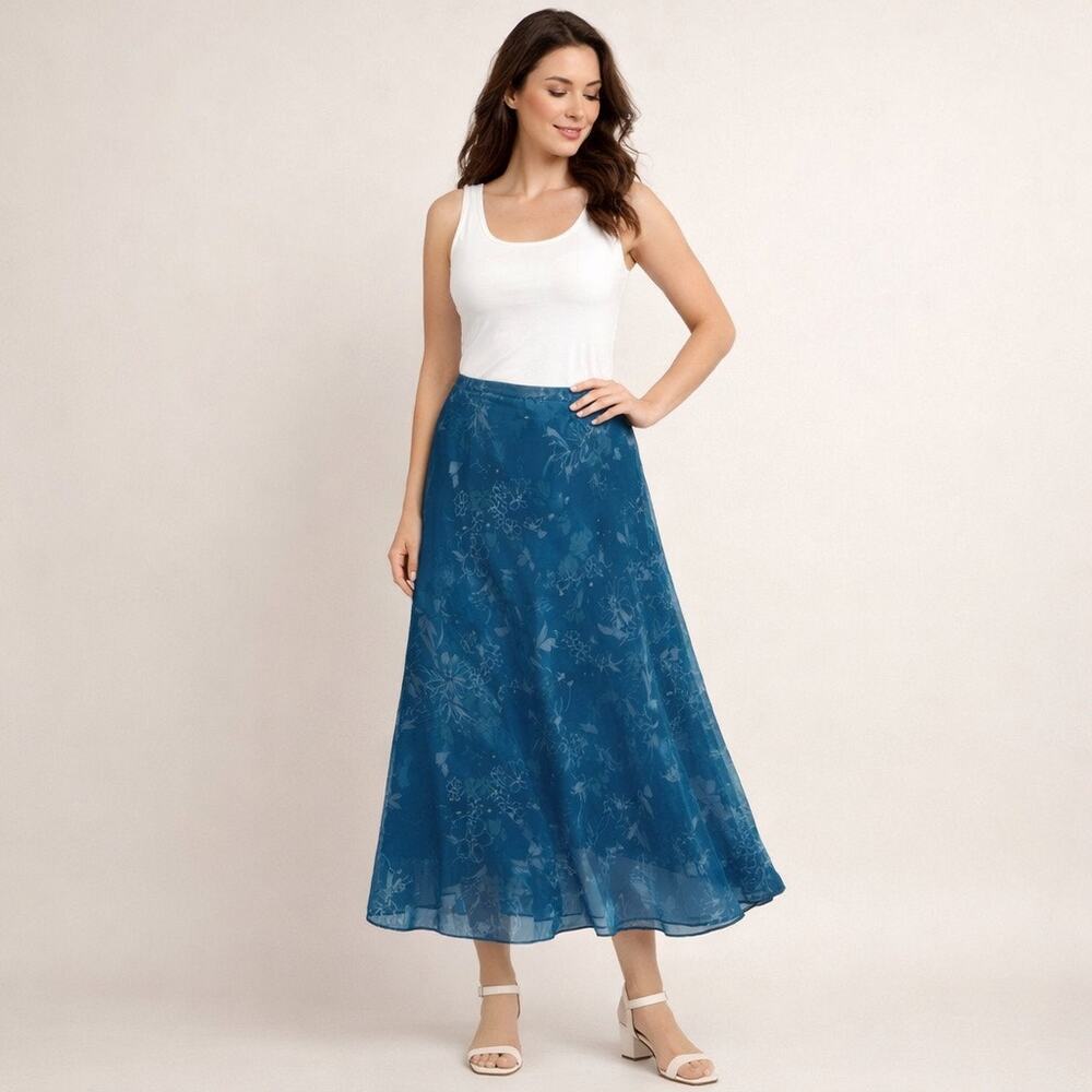 Vintage R&M Richards Teal Floral Chiffon Midi Skirt Lined A Line USA Made 16